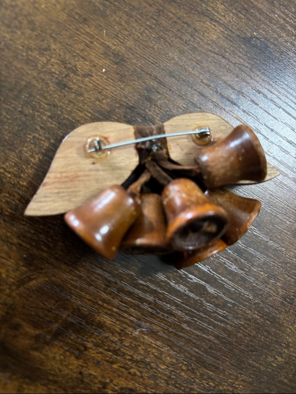 Unique Vintage Carved Wooden Bell Cluster Brooch - Picture 2 of 5